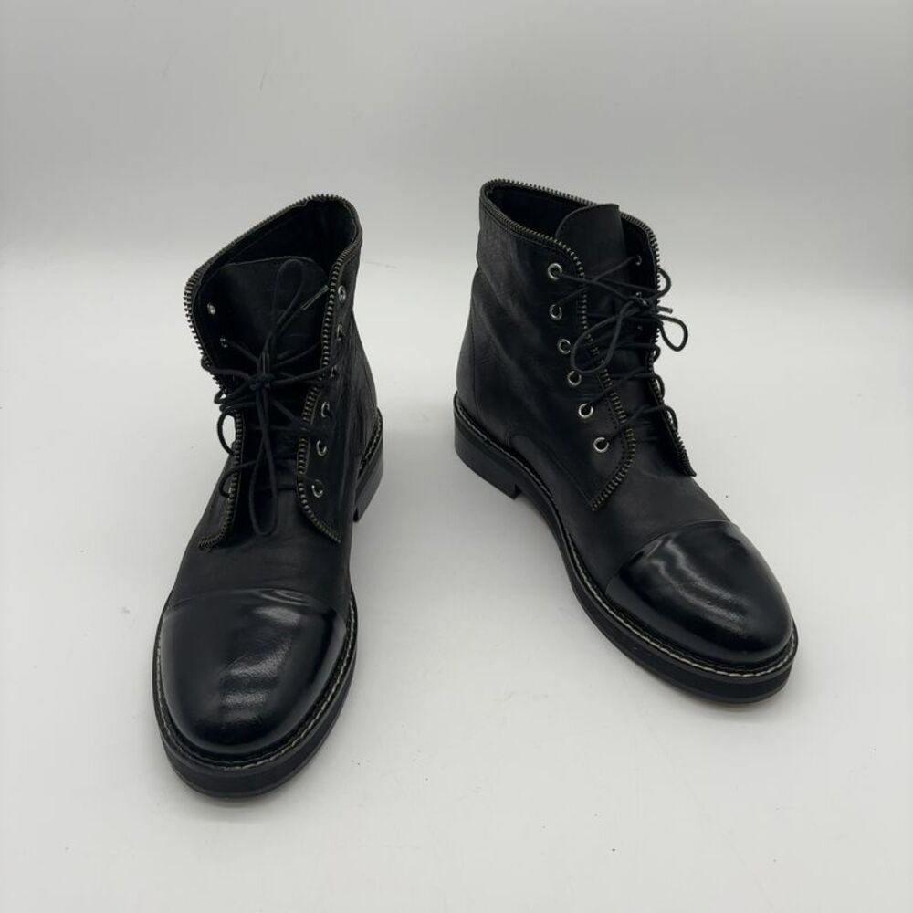 jonak "Paris" Black Leather Ankle Combat Moto Lace Up Boots